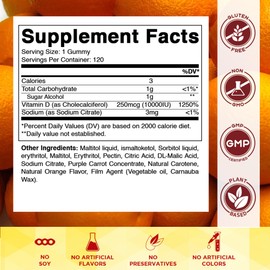 Vitamatic Sugar Free Vitamin D3 10000 IU - 120 Pectin Based Gummies - Great Taste - Healthy Bones, Mood & Immune System Function - Non-GMO - 120 Servings - 2 Pack