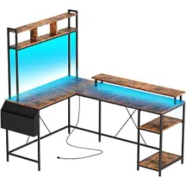 Garvee 67" Reversible L-Shaped Computer Desk With LED Lights & Outlets & Monitor Stand - Rustic Brown