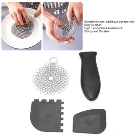 Cast Iron Scrubber, Stainless Steel Cast Iron Cleaning Kit, Durable Chainmail Scrubber, Serrated Scraper, Handle Cover for Cleaning Lodge Frying Pans, Iron Pans in the Home Kitchen