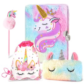 MUNSKT Plush Unicorn Stationary Sets Gifts for Girls, Embroidery Secret Diary with Lock Keys, Soft Pencil Case, Fluffy Pen, Drawstring Bag, Ideal for Birthday Christmas Festival School Travel