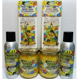 Smoke odor Happy Daze Two 13 oz Jar Candles Two 7 oz Spray & Two Car Hangers