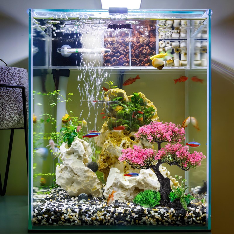 Aquarium Tree Plants Decorations, Artificial Cherry Blossom Tree Grass Set