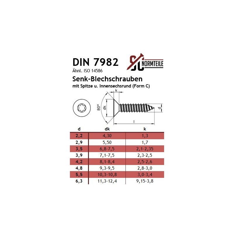 Self-tapping screws with countersunk head, 4.8 x 32 mm, pack