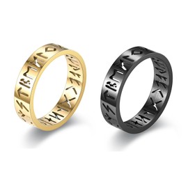 Men's Viking Rune Ring, Silver/Gold/Black Hollow Nordic Ring for Men, 6MM Stainless Steel Band Mens Rings (Black + Gold, 10)
