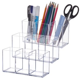 PH PandaHall 3 Pen Holder Transparent Make Up Brush Organiser Three Compartments Organiser Cosmetic Brush Storage Holder Multifunctional Desk Accessories for Dressing Table Home Office 18 x 6.5 x 9 cm