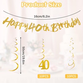 40th Birthday Decoration, 40th Birthday Men Decoration Streamers Gold Swirl Women Banner Hanging Decoration Ceiling Hanger Garland Spiral for Happy Birthday Party Decoration (Pack of 21)