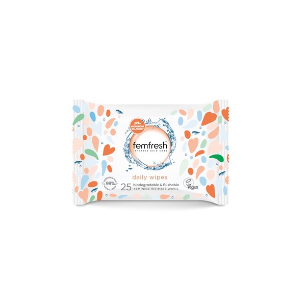 Femfresh Intimate Wipes - Flushable & Biodegradable Disposable Feminine Hygiene Vaginal Cloths w. Calendula & Aloe Vera Extracts - Soothing, pH Balanced, Hypoallergenic, 25 Count (Pack of 1)