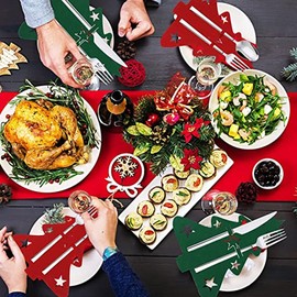 20 Pcs Christmas Tree Cutter Fork Bag Cutlery Holders Red Green Tableware Decorations Felt Cloth Xmas Party Table Decor