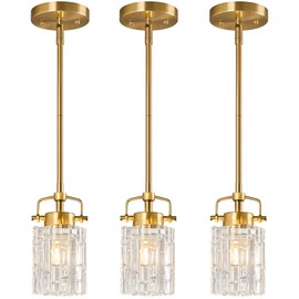 FDPBY Pressed Glass Pendant Lights Kitchen Island 3-Pack Metal Suspension Pole Gold Pendant Light Modern Farmhouse Pendant Lighting for Bedroom Bathroom Sloped Ceiling Light Fixture