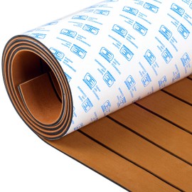 OCEANBROAD Boat Flooring EVA Foam Self-Adhesive 96''x28.8'' Faux Teak Marine Boat Decking Sheet for Jon Boats Yacht Floor, Brown with Black Seam Lines