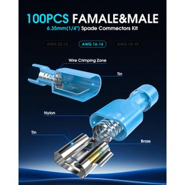 100 Pcs Electrical Spade Connectors, 16-14 AWG Gauge Wire Connectors, Nylon Fully Insulated Spade Terminal Connectors Quick Disconnect for Speak (Male&Female (16-14 AWG))