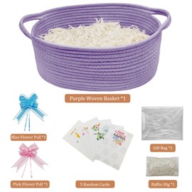 Gift Baskets Empty,1 Pcs Empty Hamper Basket with 2 Transparent Bags and 2 Pull Bows,Cotton Rope Basket for Baby Shower,Wedding,Birthday,Easter,Graduations(33 x 20 x 13 cm) (Purple 1Pcs)