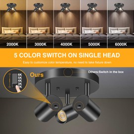 VANoopee 5 Color 3 Light LED Ceiling Spot Light Indoor Flush Mount Directional Adjustable Spotlight Fixtures Close to Ceiling for Kitchen Hallway Modern LED Track Lighting Kit Dimmable 30W Matte Black