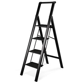 HBTower 4 Step Ladder with Handrail, Aluminum Compact Ladder, Folding Step Stool for Adults, Portable, Lightweight, 330 LBS Foldable Ladder for Home, Black