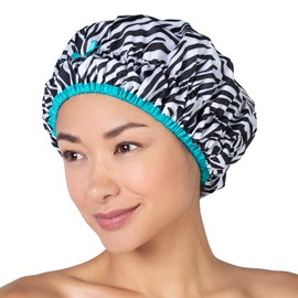 Reusable Shower Cap & Bath Cap & Lined, Oversized Waterproof Shower Caps Large Designed for all Hair Lengths with PEVA Lining & Elastic Band Stretch Hem Hair Hat - Fashionista Sassy Stripes
