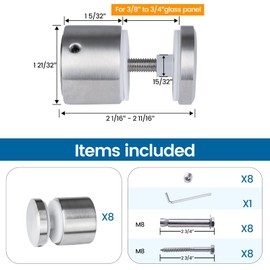 Muzata 8Pack Glass Standoff Screws 1 21/32 inch for Glass Railing Balustrade Post Side Mount Heavy Duty Stainless Steel Glass Pin, GA05 SL4