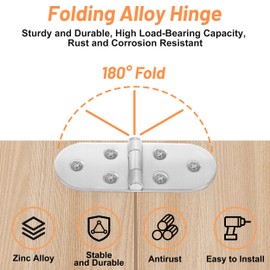 Pack of 4 Hinge, 180 Degree Hinge, Foldable, Zinc Alloy Two Leaf Hinges, Round Door Hinge Fitting, Folding Hinge, Screw-On Hinge for Folding Table, Cabinet, Wardrobe