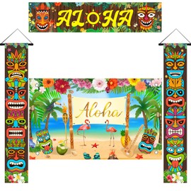 4pcs Hawaiian Aloha Luau Party Decorations Tiki Totem Door Banner Sign Porch Cover Beach Summer Wall Hanging Decor for Aloha Hawaii Luau Tropical Moana Birthday Carnival Party Outdoor Gift