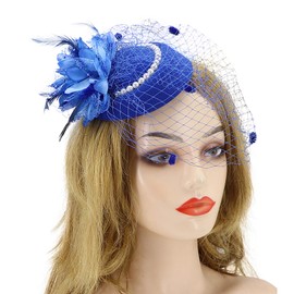 Fascinator Hat,Pillbox Hat for Women,Kentucky Derby Hat for Women,Tea Party Hat,Feather Flower Pearls Hair Clip Headwear Veil