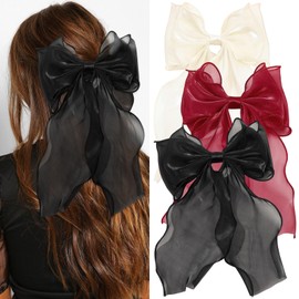 Haarschleifen Clips, 3 Stück Haarschleife, 3 Farben Haarspangen mit Großer Schleife langer Schwanz Französisches Band Haarnadeln Weiche Seidige Satin für Mädchen Damen Frauen (Schwarz, Weiß, Rot)