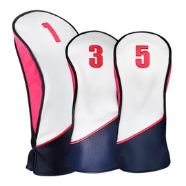 Majek Golf Clubs Premium Protective Navy Blue Pink White and Black Head Covers 460cc #1 Driver + #3#5 Fairway Metal Woods Set Fits for Most Brands
