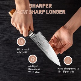 FUJUNI Chef Knife 6 inch Damascus Knife 67-Layer Damascus VG10 Steel- Olive Wood Handle - Razor Sharp Kitchen Knife with Exquisite Box