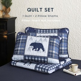 Wake In Cloud - Rustic Quilt Set, Cabin Lodge Christmas Bear Moose Deer Woodland Western Patchwork Country, Reversible Lightweight Bedspread Coverlet, 3 Pieces, Navy Blue, Twin/Twin XL Size