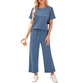 WIHOLL 2 Piece Sets for Women Summer Vacation Airport Cruise Travel Outfits for Airplane 2025 Matching Clothing Trendy Resort Wear Comfy Loungewear Petite Lounge Sets Blue L