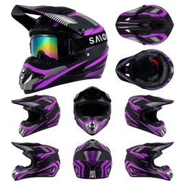 Motocross Helmet,Youth & Adult ATV Dirt Bike Motorcycle, Kids BMX 4-Wheeler Off-Road Mountain Bike Helmet,DOT Certified,W/Gloves Goggles Mask 4-Piece Set (Purple, X-Large)