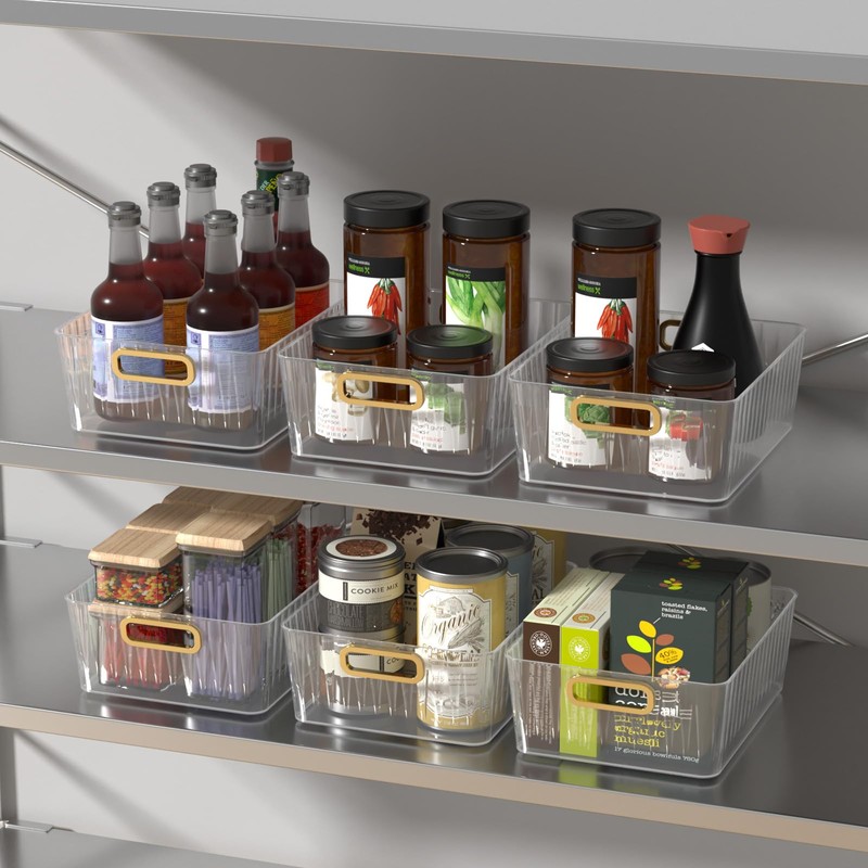 Wakikini Plastic Clear Pantry Storage Basket, Fridge Organizer Bins, 4-Pack