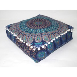 CRAFT KALA Blue Peacock Large Hippie Mandala Meditation Floor Ottoman Pillow Cushion Pouf Cover Square Poufs Bohemian Circle Floor Cushion Case Outdoor Fireplace Living Room Decor Cover 16" Square