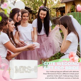 Silongder MRS Letter Cosmetic Bag, Bridal Shower Gifts White Bling Pearl Rhinestone Patch Makeup Bag Waterproof PU Travel Toiletry Bag Make Up Bag for Bachelorette Party Women Wedding Bridal(MRS-B)