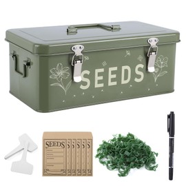 Cinpode Seed Storage Organizer, Seed Saving Box with Lid, Metal Seed Bin Seed Packet Container with 100 Plant Labels 50 Seed Envelopes 50 Plant Clips 1 Marker Pen, 4 Compartments Box with Locks, Green