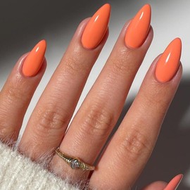 KQueenest Acrylic Press on Nails Almond Medium Length, Orange False Nails Almond, Glossy Solid Color Stiletto Fake Nails Set, Natural Reusable Gel Stick on Nail for Women Finger Daily Wear 24 Pcs
