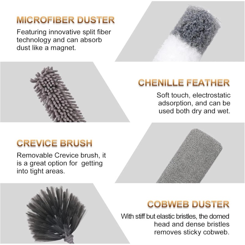Microfiber Duster for Cleaning Fan, High Ceiling, Blinds, Gray, Silver