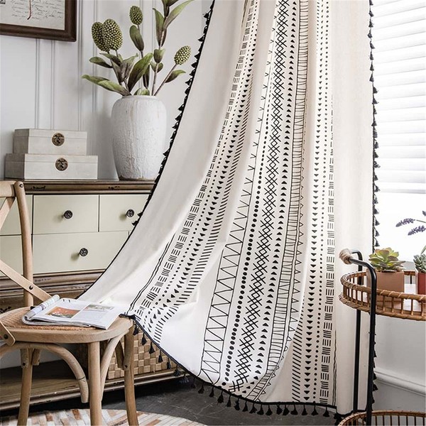 Deeprove Boho Curtains 84 Inches Long, Cream White and Black