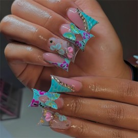 Long Press on Nails Duck Fake Nails Blue French Tip False Nails with 3D Butterfly and Flower Designs Acrylic Nails Pink Ombre Full Cover Artificial Nails Glossy Glue on Nails for Women 24Pcs