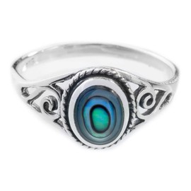 WINDALF Lucy Delicate Vintage Ring 9 mm Sea Opal with Life Spirals Bohemia Women's Ring Friendship Ring 925 Sterling Silver, Fabric, Opal