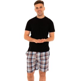 Style It Up Mens Woven Pyjamas Cotton PJ Set Short Sleeve Crew Lounge Top Soft Check Shorts (Black, Blue-Red, X-Large)