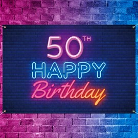 Glow Neon Happy 50th Birthday Backdrop Banner Decor Black – Colorful Glowing 50 Years Old Birthday Party Theme Decorations for Men Women Supplies