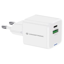 CONCEPTRONIC USB Charger PD GaN 2 Port 20W, USB-C x 1, USB-A x 1, QC 3.0, PPS