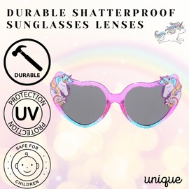 ShadyVEU Kids Unicorn Glitter Rainbow Color Heart Shape Sunglasses Magic Party Shatter-Proof Shades Girls Eyeglasses (Pink Blue Frame/Smoke Lens)