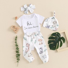XIXIMAON Baby Girls Boys Coming Home Outfits Lettered Short Sleeve Romper Top Animal Print Long Pants Hat Headband Set Newborn Clothes (White, 3-6 Months)