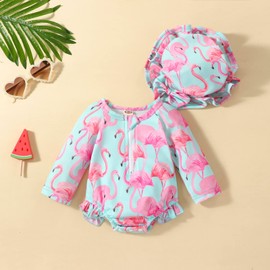 Aimaopao Newborn Baby Girls Swimsuit Long Sleeve Zipper Bathing Suit One Piece Swimwear with Hat for Beach Wear (Flamingo Pink, Newborn)