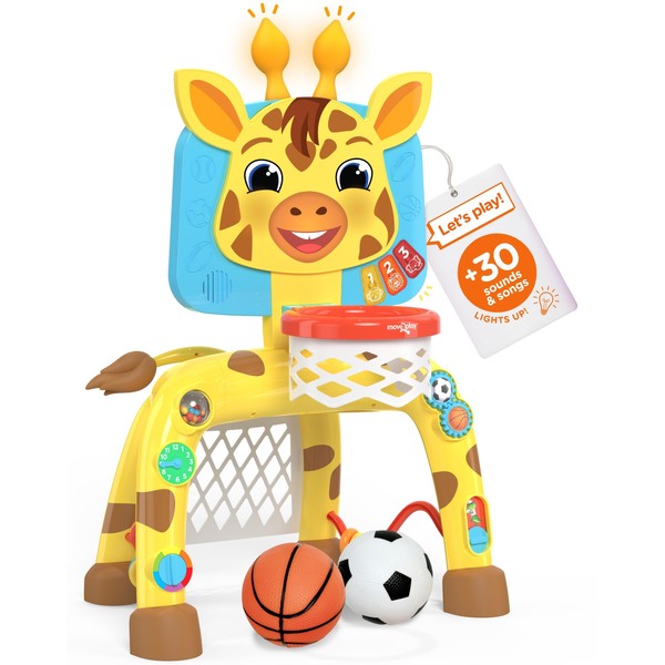 Move2play, Giraffe Basketball Hoop & Soccer Goal Activity Center | 30+ Sounds & Songs + 5 Lights | 1 2 3 Year Old Birthday Gift for Boys and Girls | Toy for Baby & Toddlers