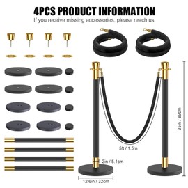 kaiyomi 4Pcs Stanchions with Black Velvet Ropes Set, 5 Feet Velvet Ropes and Posts Poles for Red Carpet Party Decoration and 360° Photo Booth (Golden & Black)