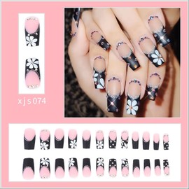 French tip nails Black fake Nails Stick on Nails Press on Nails Rhinestones Artificial Nails for Women Girls 24Pcs (C)