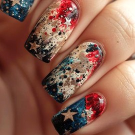Independence Day Press on Nails Medium Square Fake Nails Memorial Day False Nails Red Blue Full Cover Glue on Nails Retro Artificial Acrylic Nails Stars Stick on Nails for Patriotic Women Girls 24Pcs