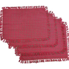 Set of 4 Placemats, Christmas Red & Green Woven Fringed,100% Cotton, Size 13x19 Inch, Suitable for Formal Dining, Everyday Meals and Casual Occasions.