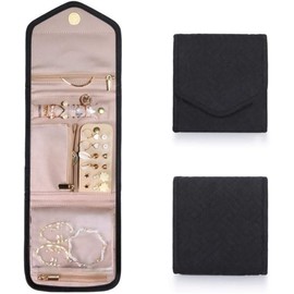 Polyester cotton Travel Jewelry Organizer Case, Foldable Small Jewelry Roll for Journey Ring, Pendant, Earring, Necklace, Bracelet (Black, 1 PC)
